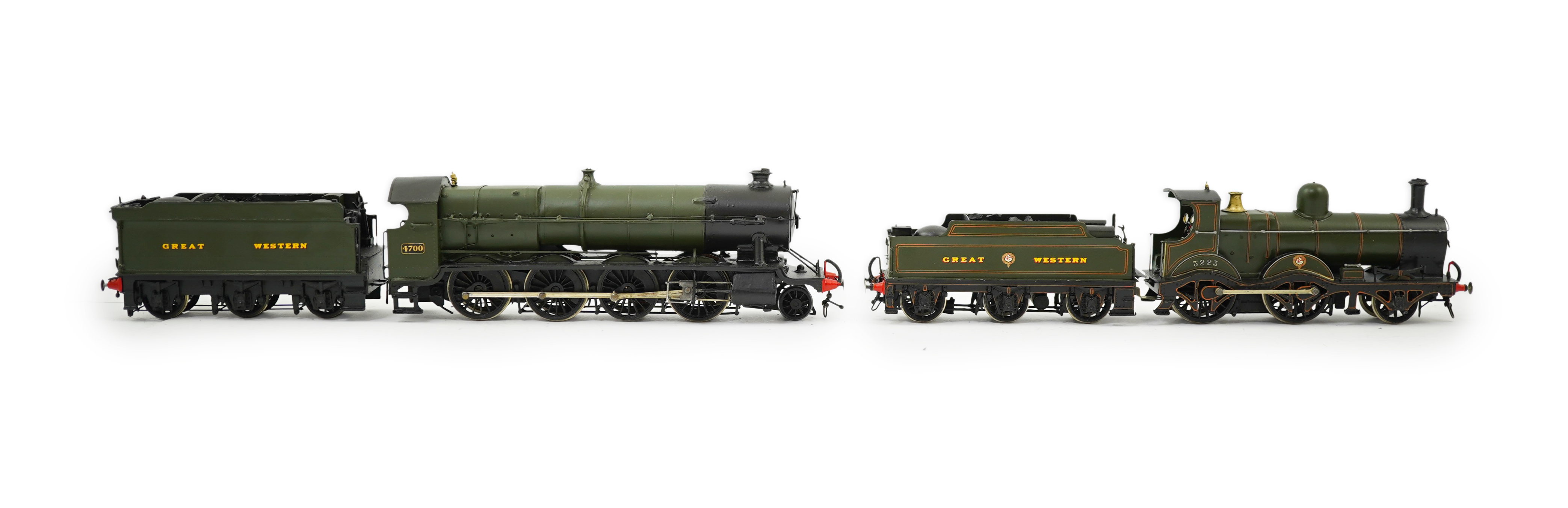 Two 00 gauge brass and white metal kit built GWR tender locomotives; a 4700 class 2-8-0, 4700, together with a Dean Barnum class 2-4-0, 3223, constructed, painted and lined to a high standard, both motored for two rail o